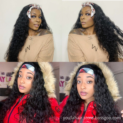 150% Density Unprocessed Virgin Raw Hair Cuticle Aligned Deep Wave Headband Wigs Non Lace Peruvian Human Hair Machine Made Wigs